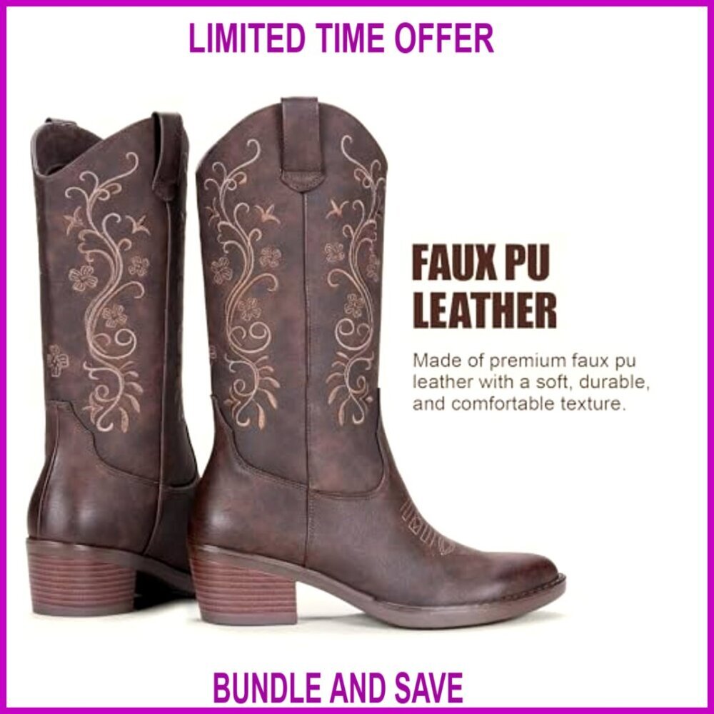 Women's Embroidered Cowboy Boots, Mid-Calf Western Pull-On with Chunky Heel - Picture 6 of 7